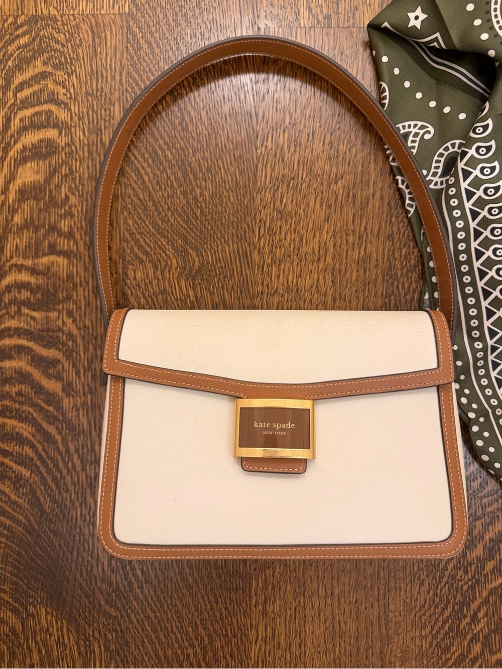 Kate Spade Colorblock Cream and Tan Leather Shoulder Bag with Gold Hardware